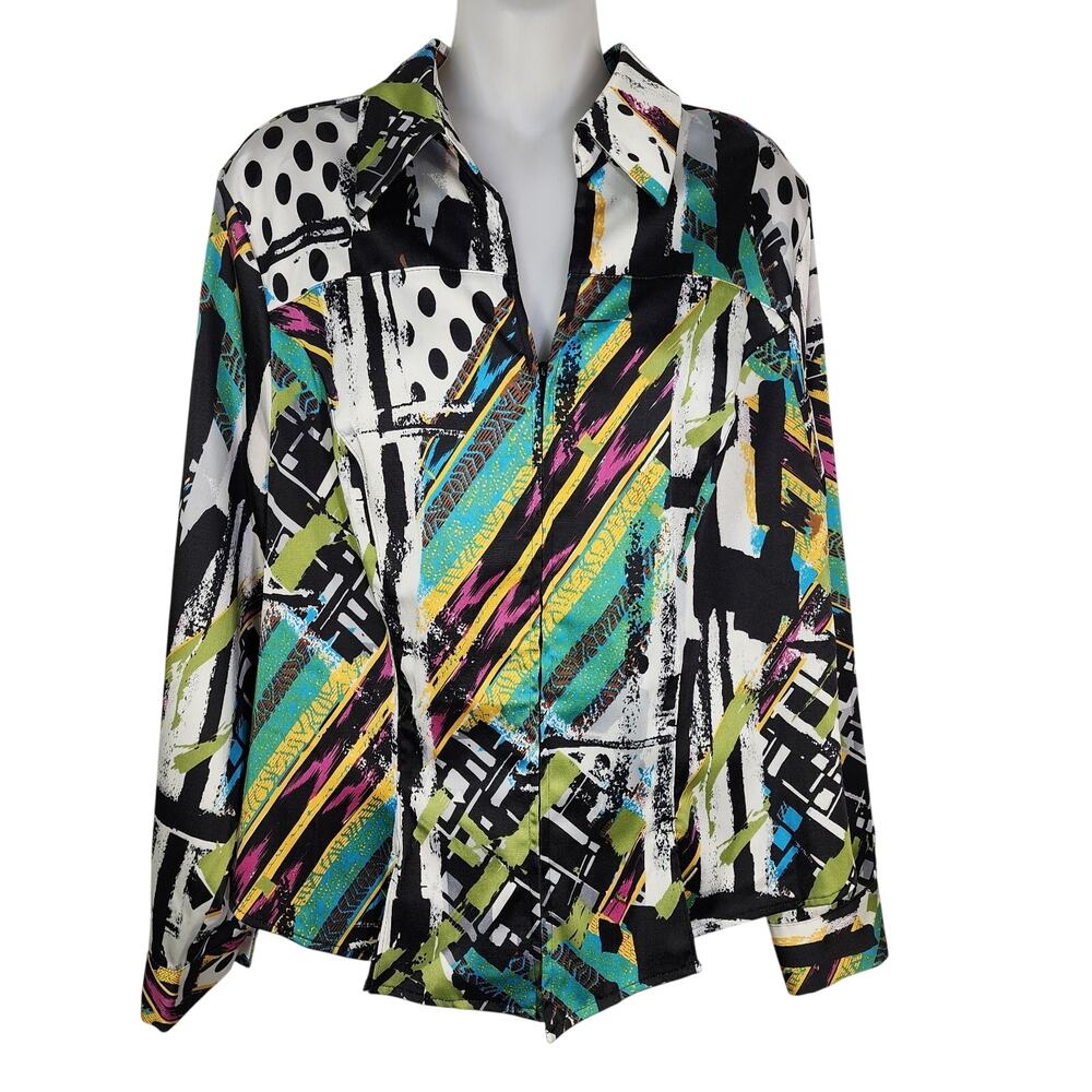 Mishca Top Womens XL Multicolor Colorful Abstract Artsy Full Zip Long Sleeve Y2K